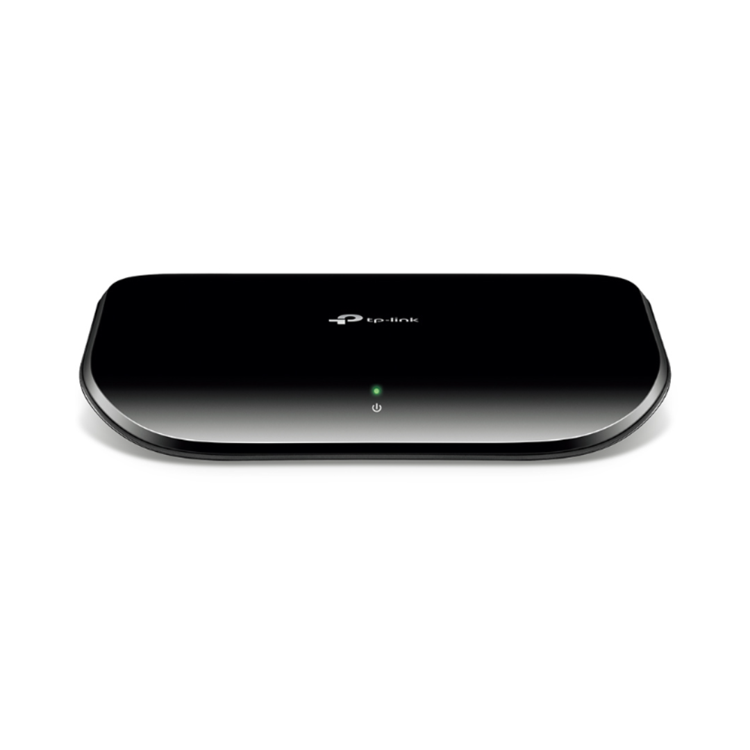 Black TP-Link router on a white background